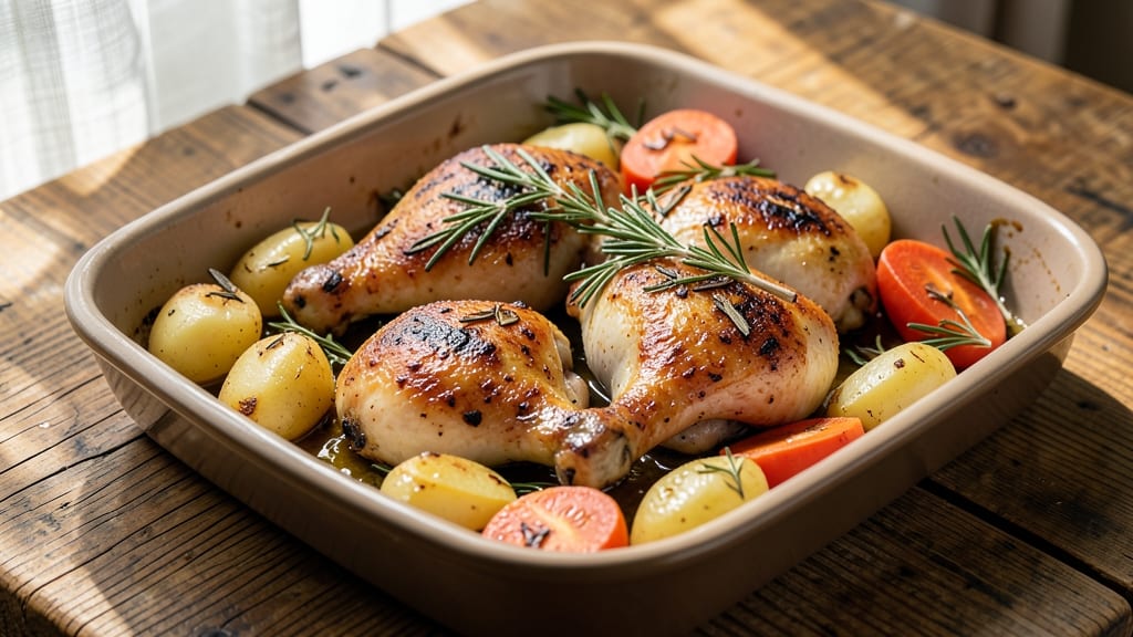 Baked Chicken Thighs with Roasted Veggies Recipe: Herb-Infused Crisp Skin and Caramelized Roots