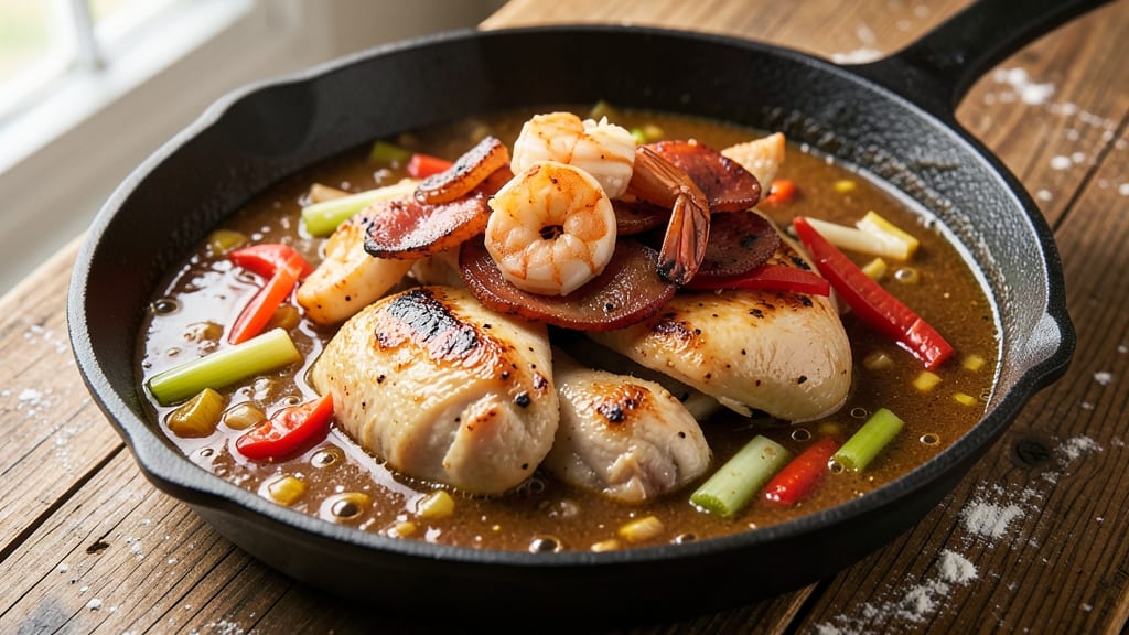 Andouille Sausage, Chicken, and Shrimp Gumbo Recipe: Smoky Trinity Base That Builds Rich Flavor