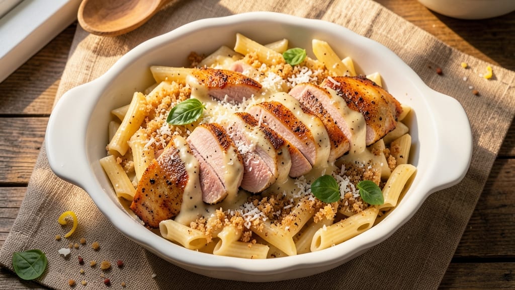 Baked Chicken Alfredo Penne Recipe: One-Pan Creamy Comfort With Crispy Topping
