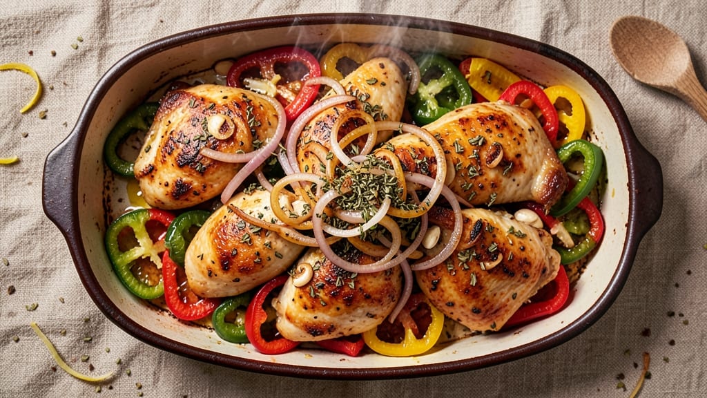 Baked Chicken and Bell Peppers Recipe: Sheet-Pan Harmony with Charred Edges
