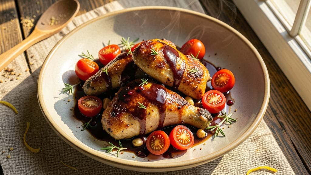 Balsamic Chicken Thighs With Burst Tomatoes Recipe: Sweet-Tart Glaze That Caramelizes to Richness