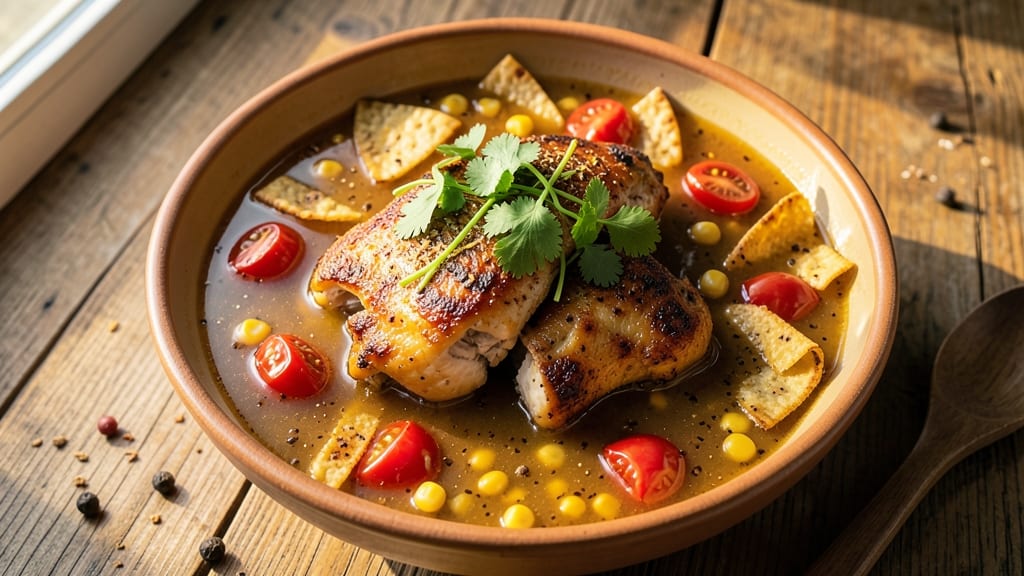 54th Street Chicken Tortilla Soup Recipe: Spicy Tortilla-Crusted Broth With Shredded Chicken