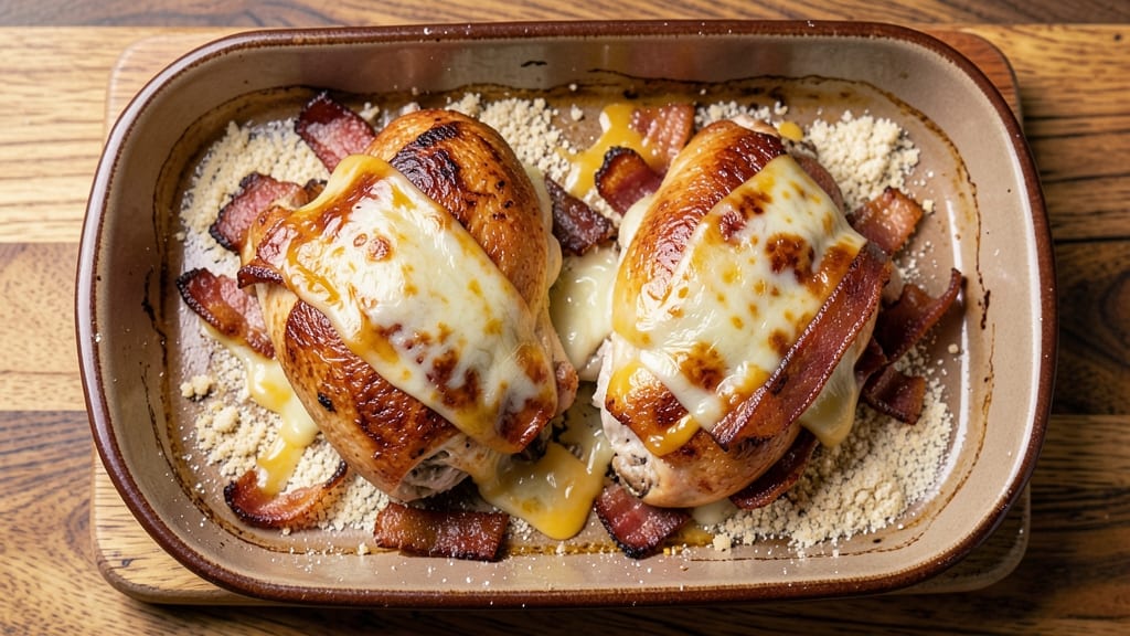 Baked Chicken With Bacon and Cheese Recipe: Smoky Crispy Top With Gooey Pull-Apart Cheese