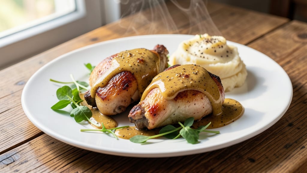 Chicken Thighs With Creamy Mustard Sauce Recipe: Golden Crisp Skin and Tangy-Smooth Drizzle