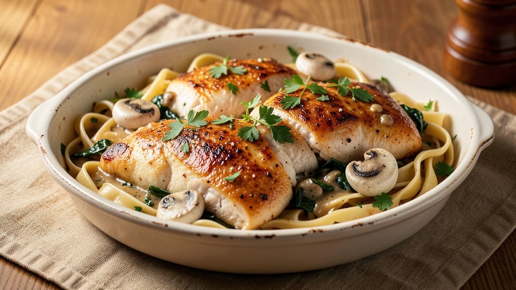 Baked Chicken Tetrazzini Recipe: Creamy Mushroom and Spinach One-Pot Masterpiece