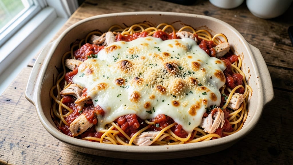 Grandma's Spaghetti Chicken Casserole Recipe: One-Pan Cheesy Crunch and Melty Comfort